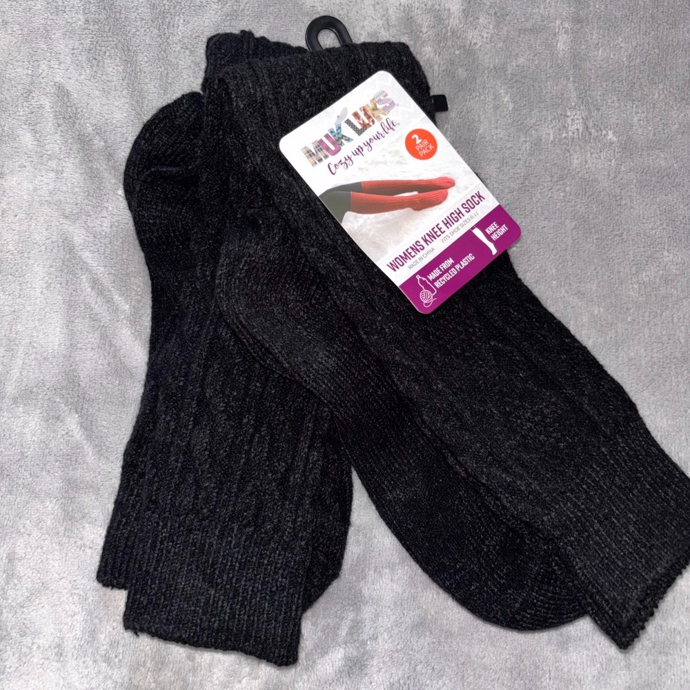 Muk Luks Cozy Knee High Socks Womens OS‎ 6–11 Black Stretch 2 Pair Pack